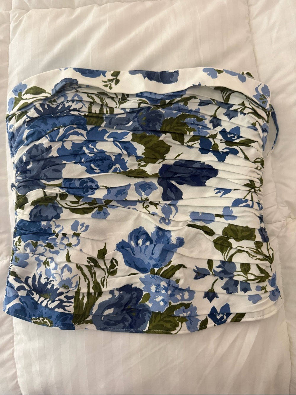 Reformation White Floral Strapless Top with Blue Roses